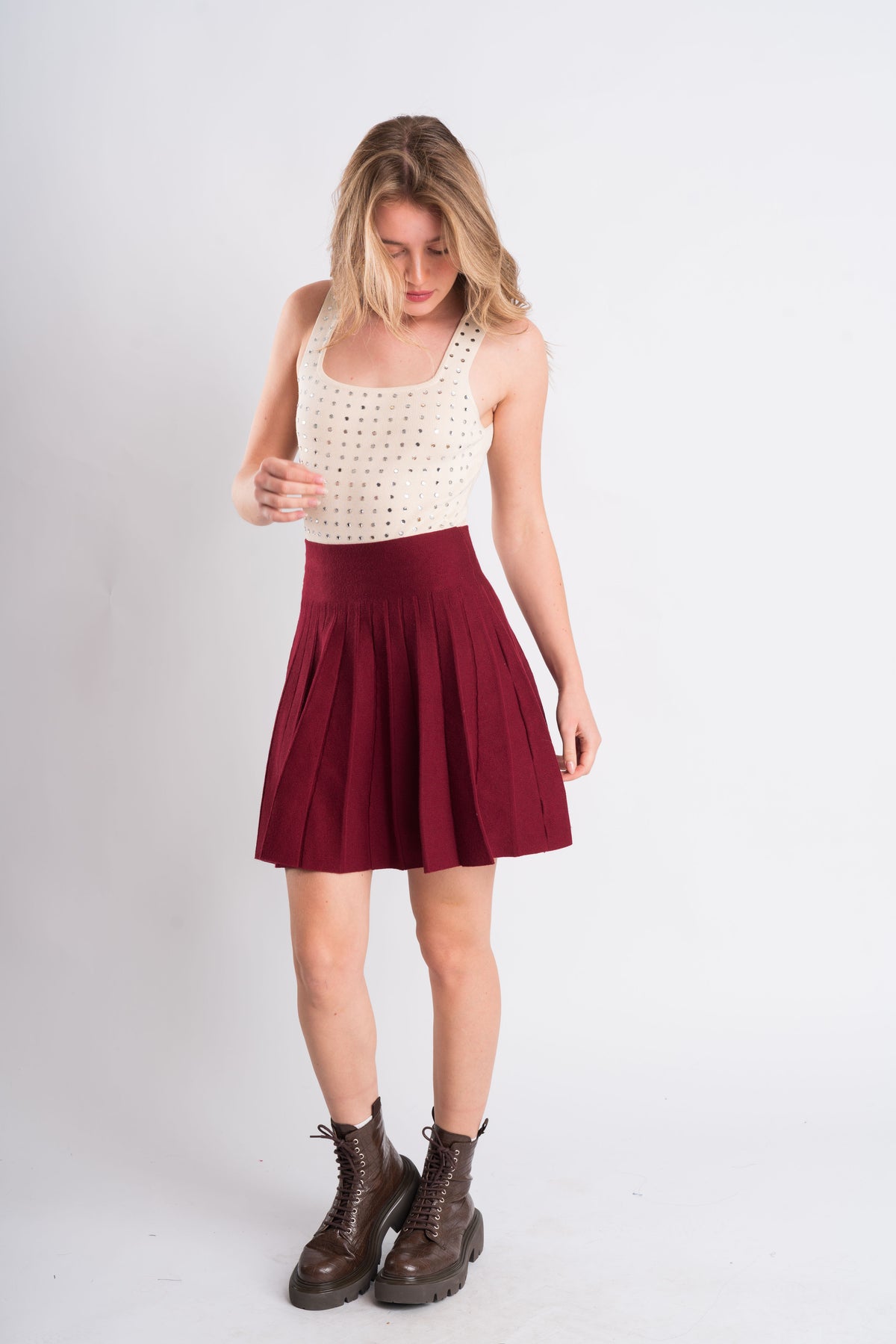 Cream Studded Knit Tank Top
