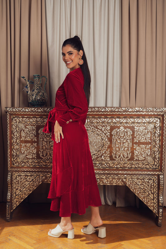 A stunning red velvet wrap dress