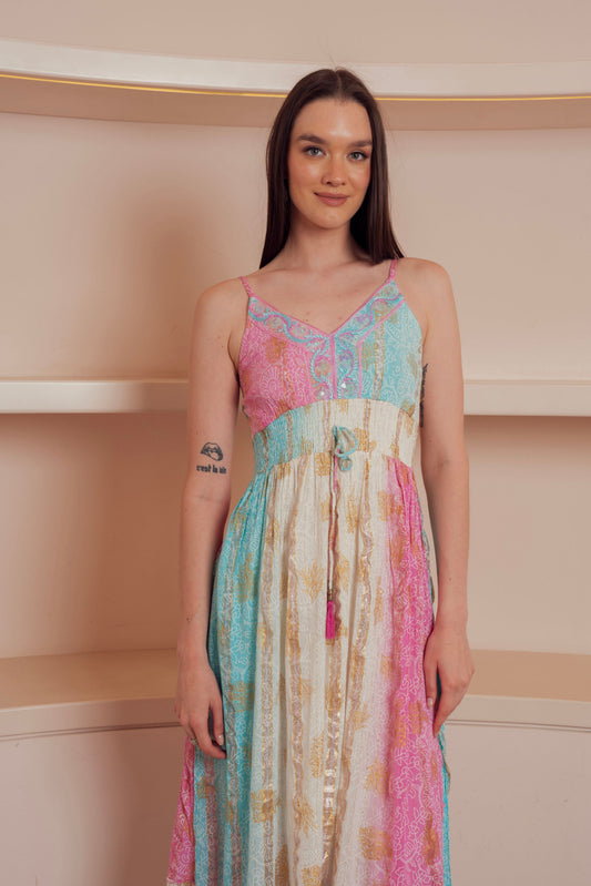 Colorful Patchwork Tiered Maxi Dress.