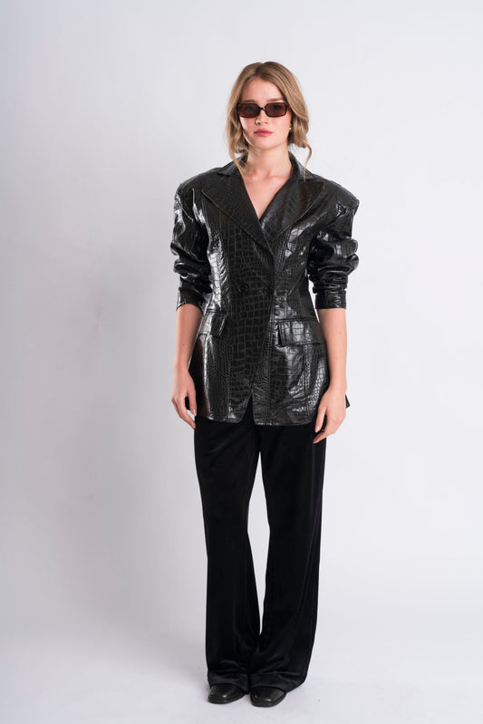 Black Glossy Crocodile-Embossed Blazer with Lapel Collar
