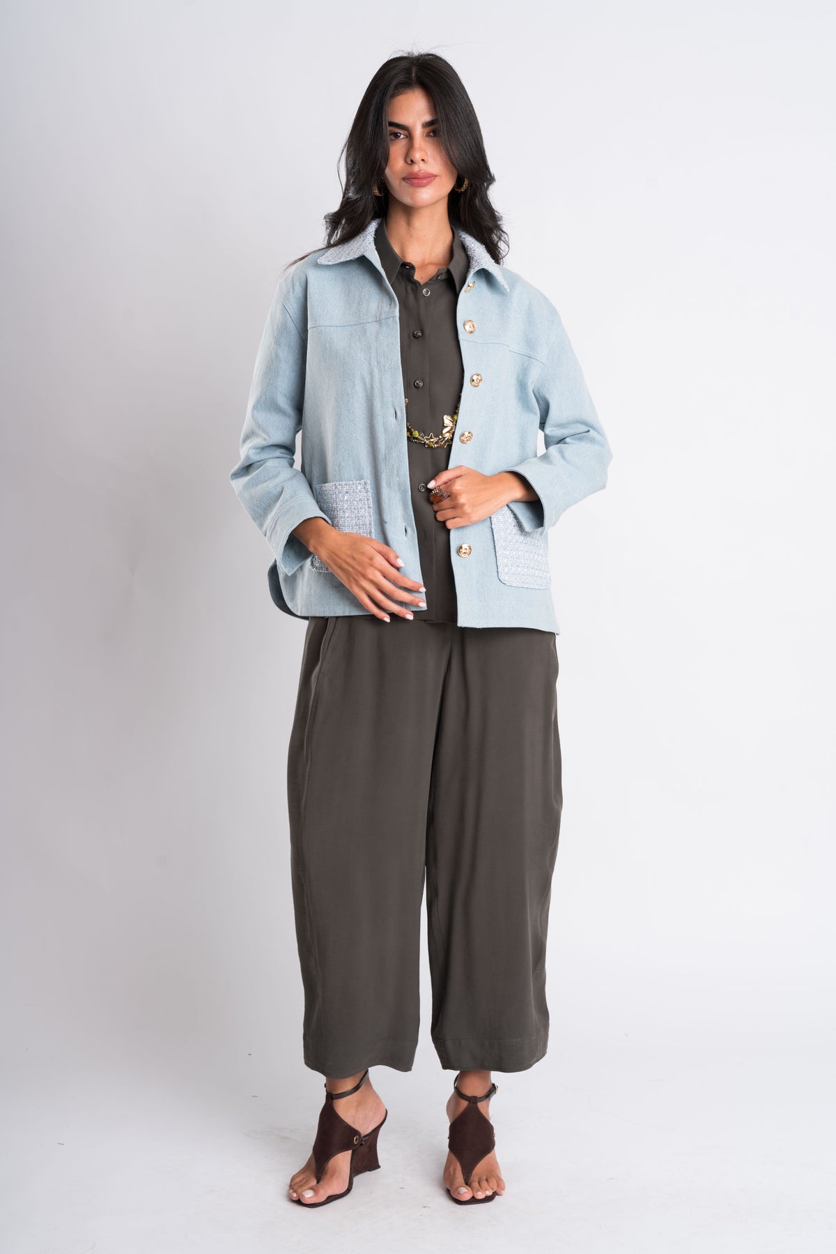 Light Blue Tweed-Trimmed Jacket