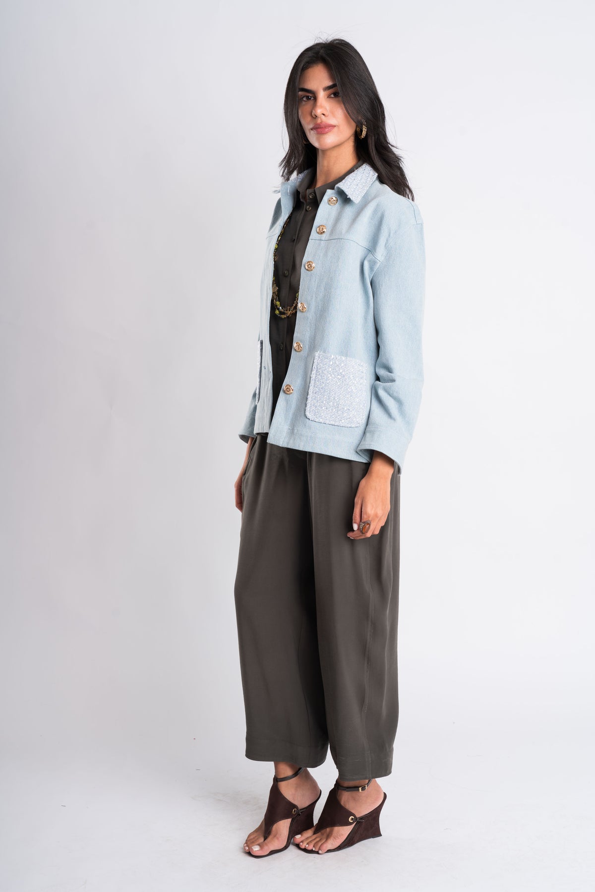 Light Blue Tweed-Trimmed Jacket