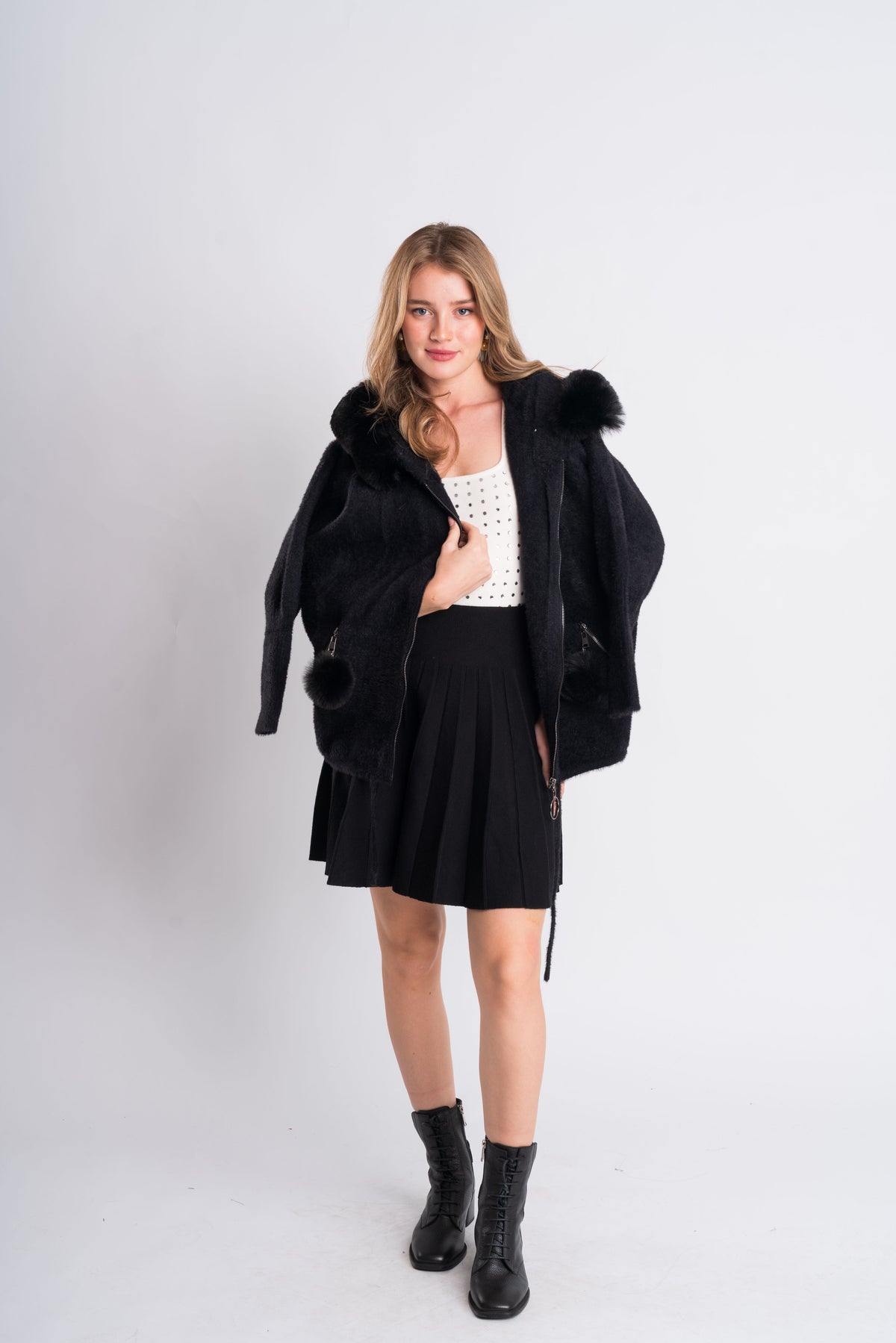 Black Fur-Trim Hooded Knit Jacket