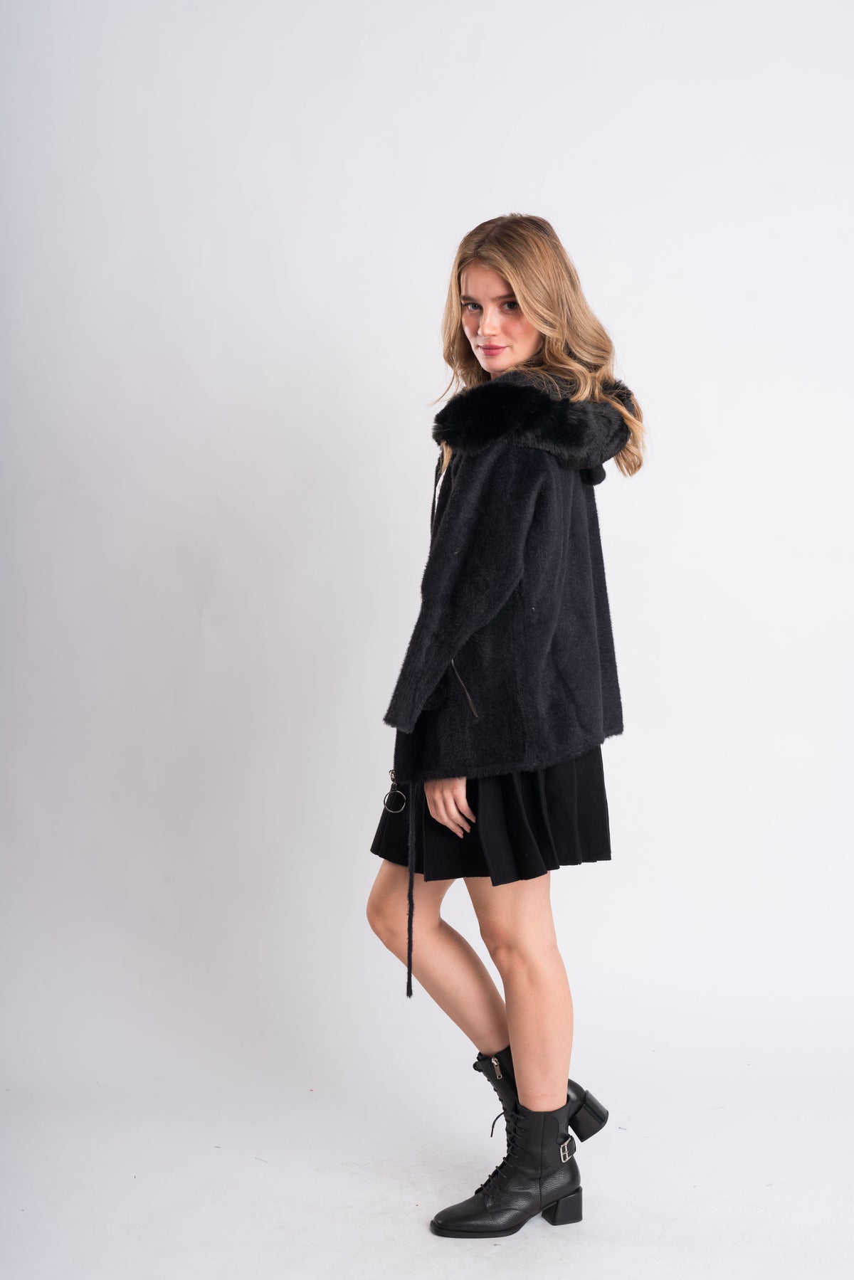 Black Fur-Trim Hooded Knit Jacket