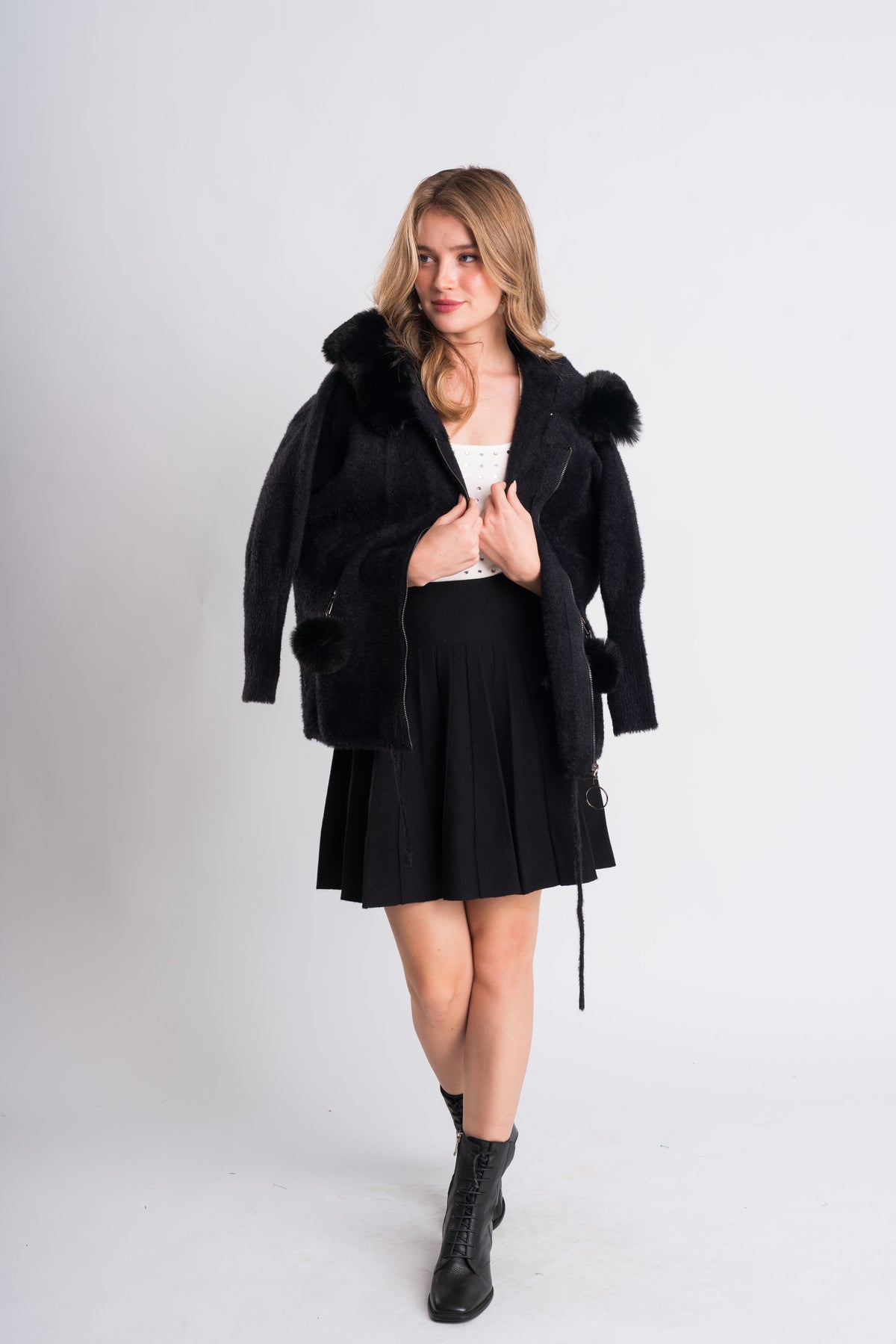 Black Fur-Trim Hooded Knit Jacket