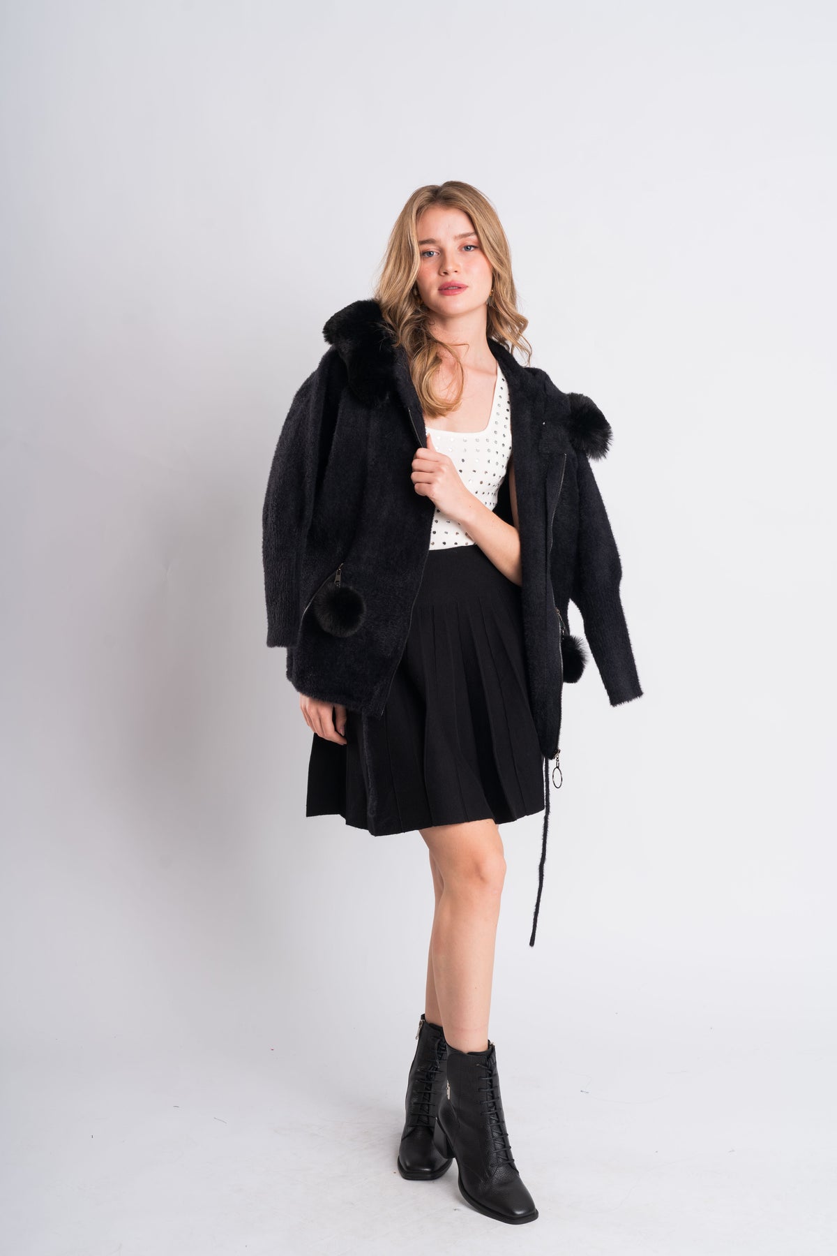 Black Fur-Trim Hooded Knit Jacket