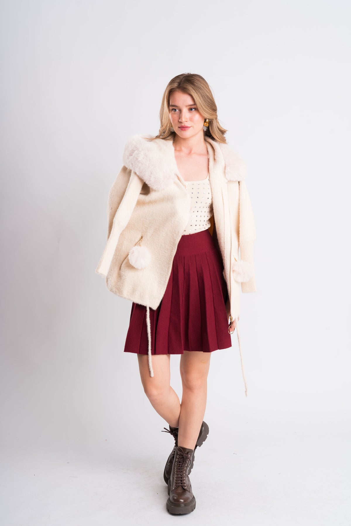 Fur-Trim Hooded Knit Jacket