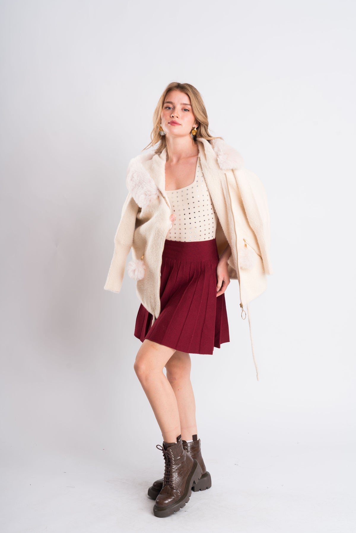 Fur-Trim Hooded Knit Jacket