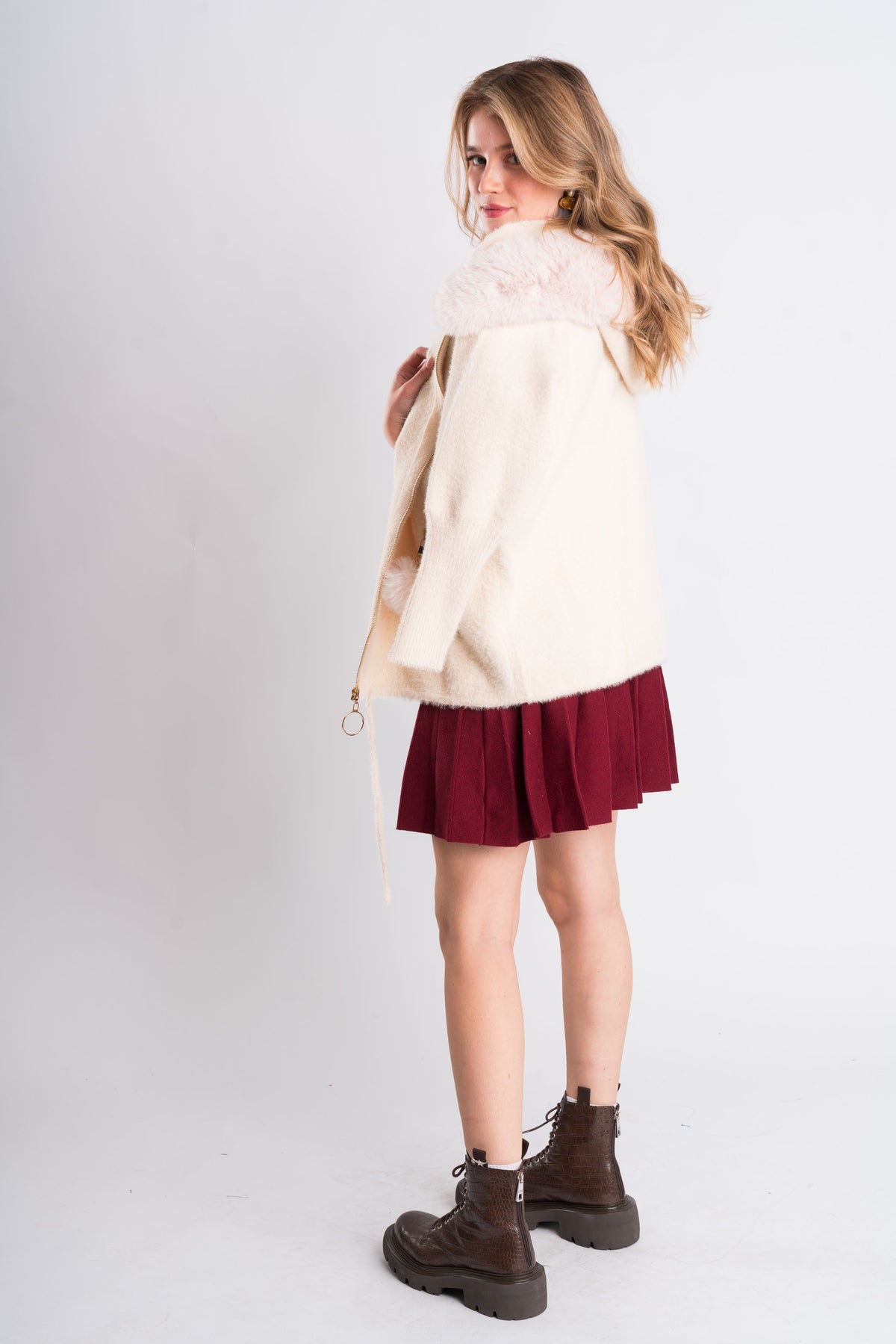 Fur-Trim Hooded Knit Jacket