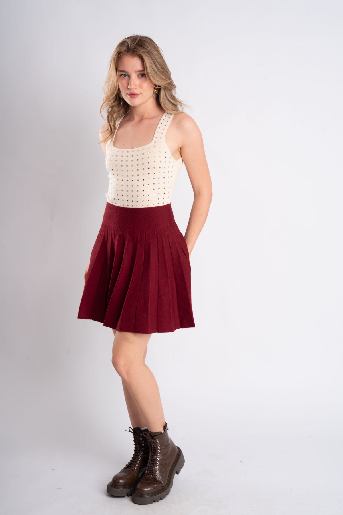 Burgundy Pleated Knit Mini Skirt