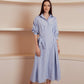 Blue and white striped shirt dress with waist tie and rolled-up sleeves.