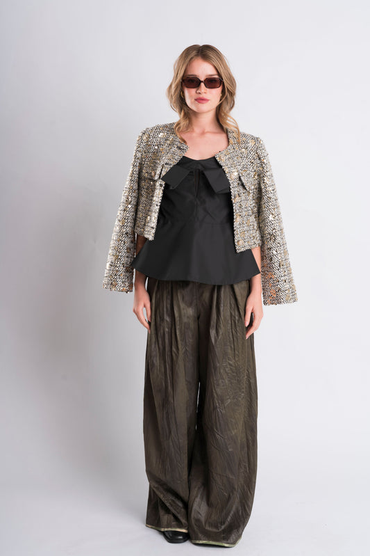 Metallic Tweed Crop Jacket with Peplum Hem
