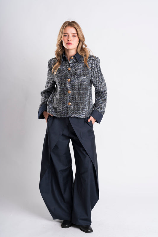 Navy Tweed Button-Up Jacket