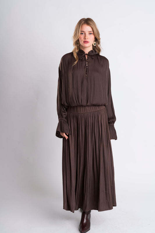 Brown Pleated Maxi Skirt