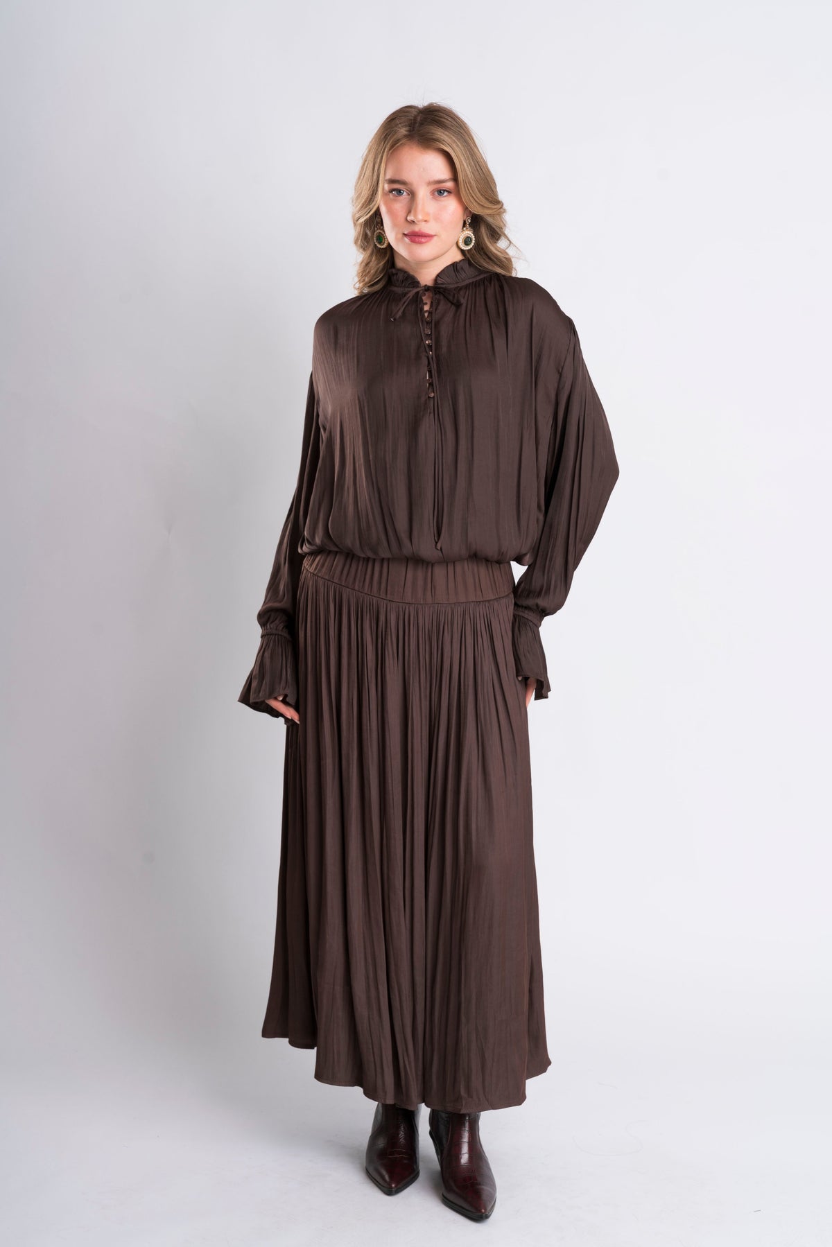 Brown Pleated Maxi Skirt