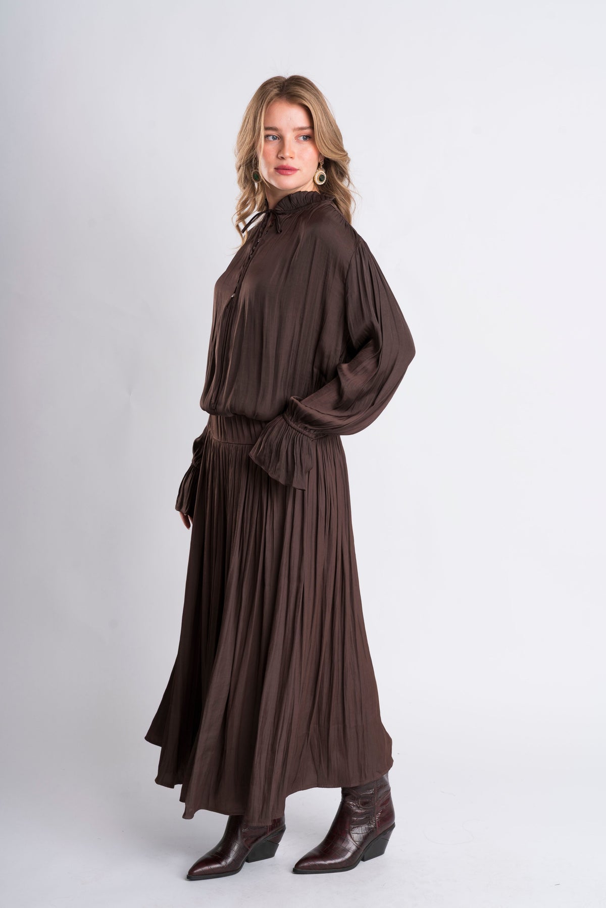 Brown Pleated Maxi Skirt