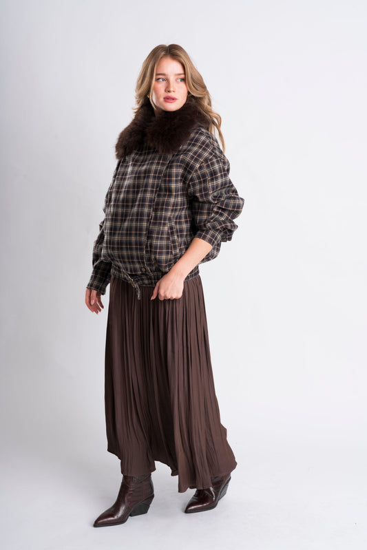 Plaid Bomber Jacket with Faux Fur Collar