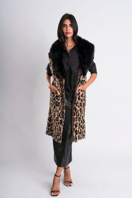 Leopard-Print Fur-Collar Sleeveless Coat