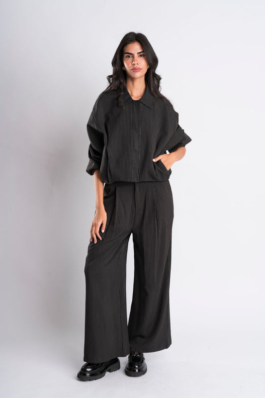 Black Pinstripe Wide-Leg Pants