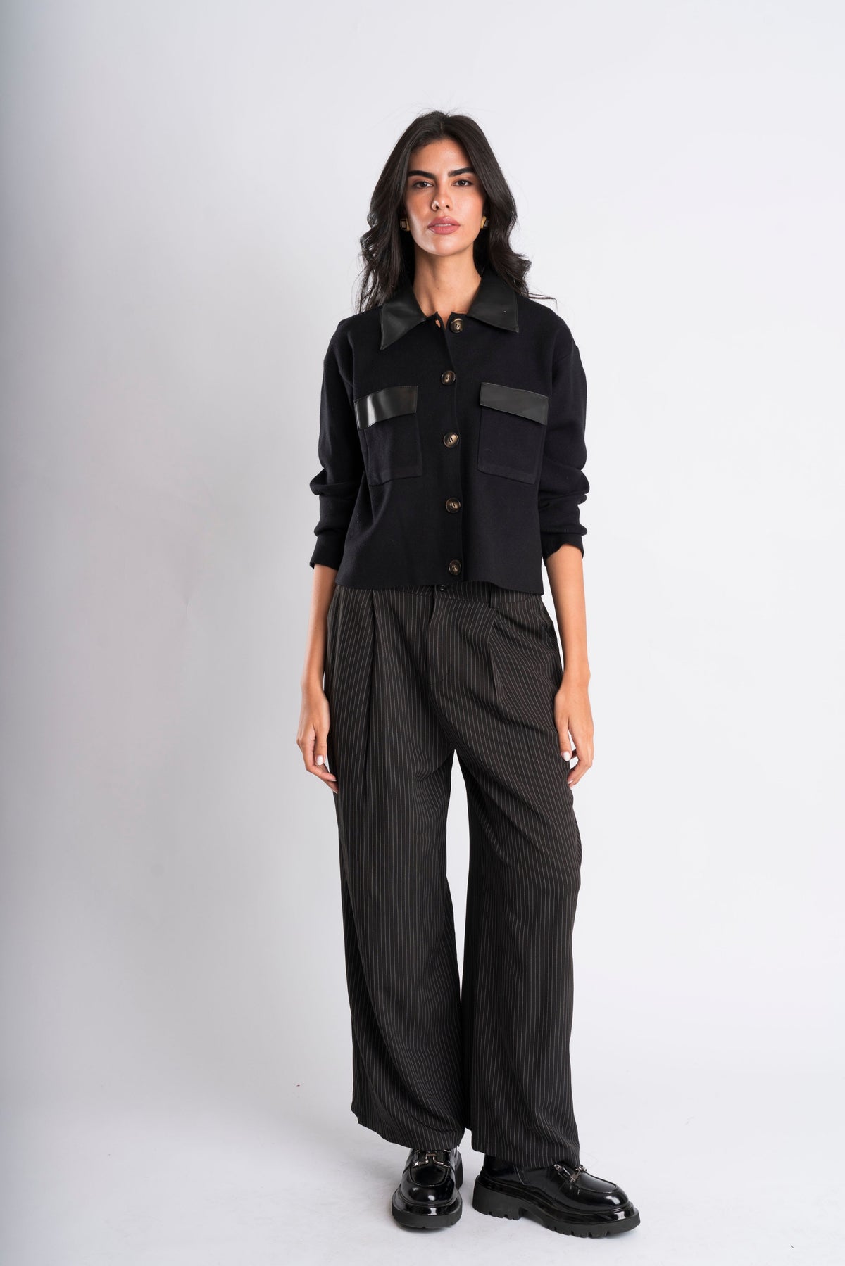 Faux-Leather Trimmed Black Shirt