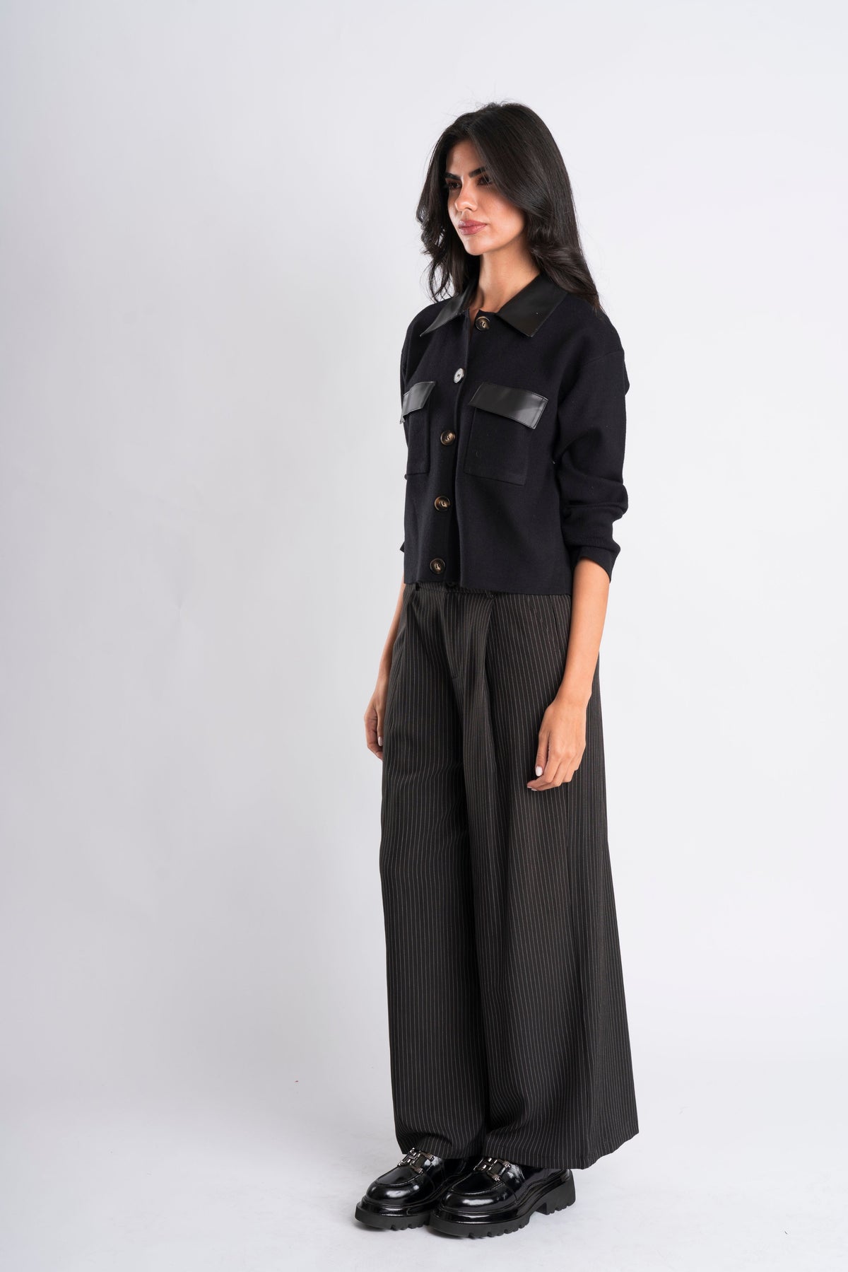 Faux-Leather Trimmed Black Shirt