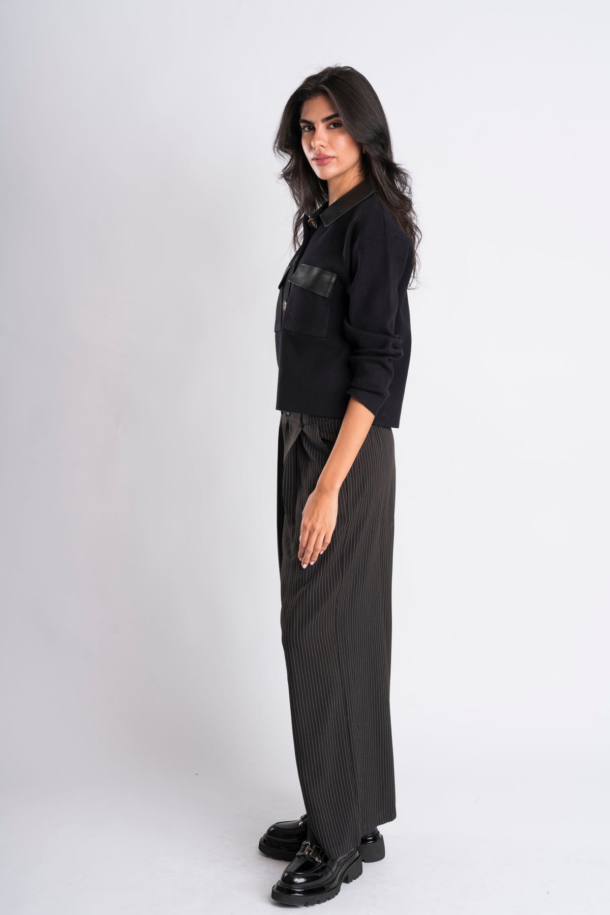 Faux-Leather Trimmed Black Shirt