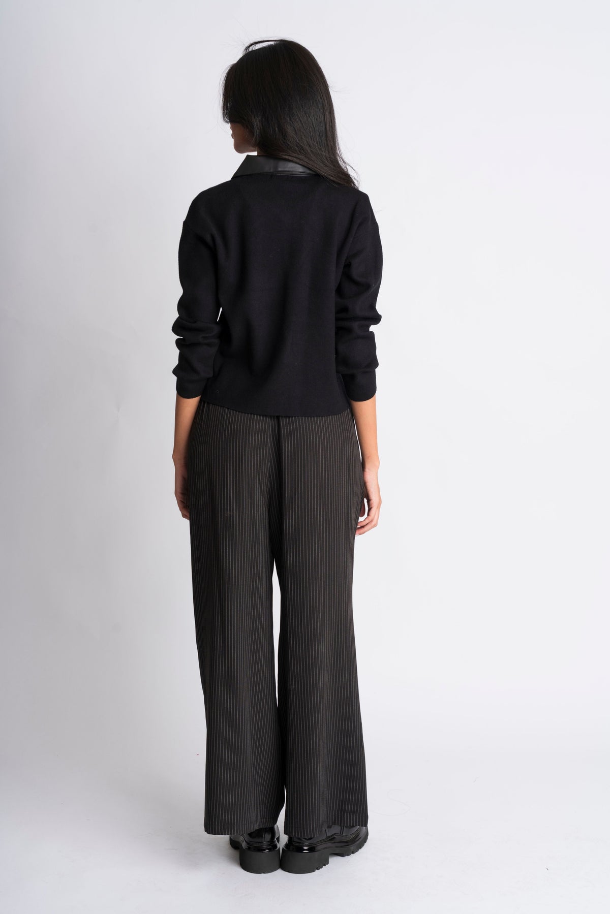 Faux-Leather Trimmed Black Shirt