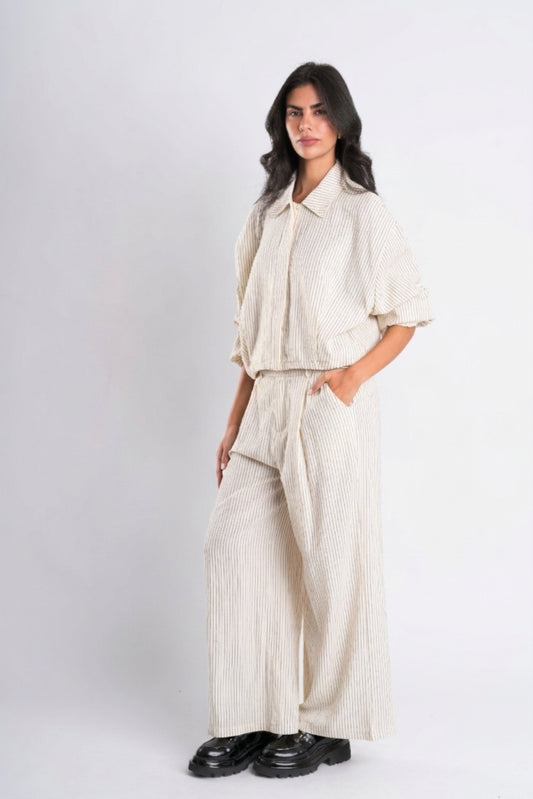 Beige Pinstripe Wide-Leg Pants
