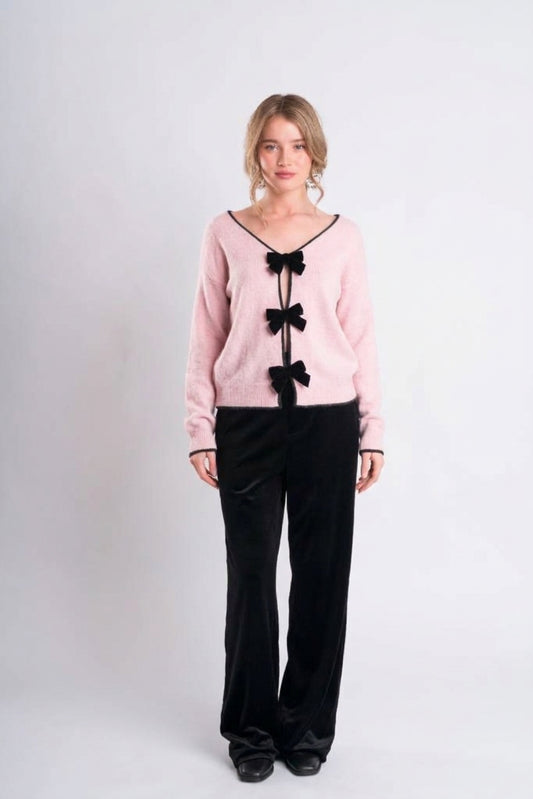 Pink Knit Top with Velvet Bows