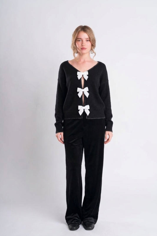 Black Knit Top with Velvet Bows