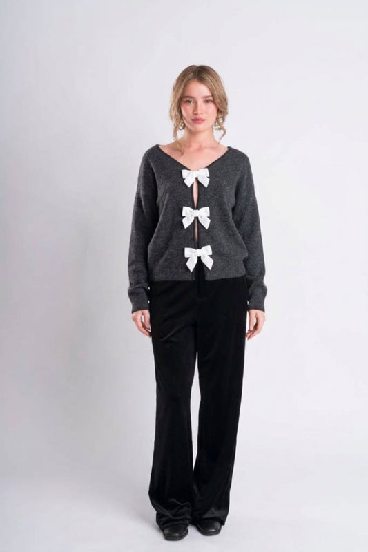 Grey Knit Top with Velvet Bows