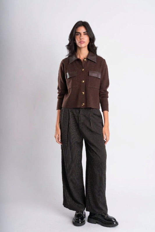 Faux-Leather Trimmed Shirt